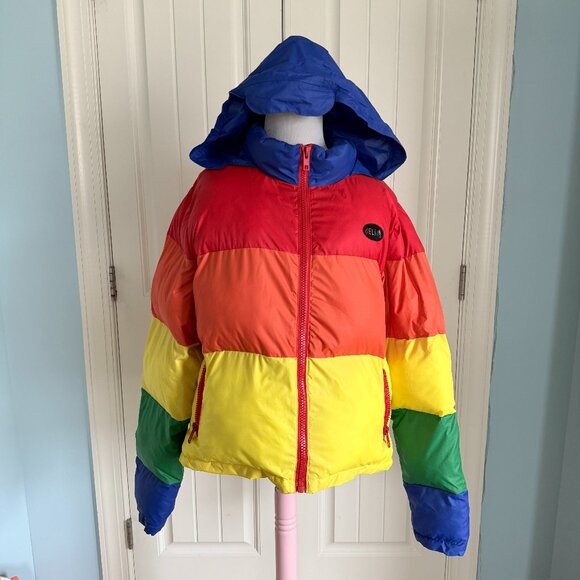 dELiA*s Bright Rainbow Puffer Coat with Roll Up Hood - Picture 1 of 13